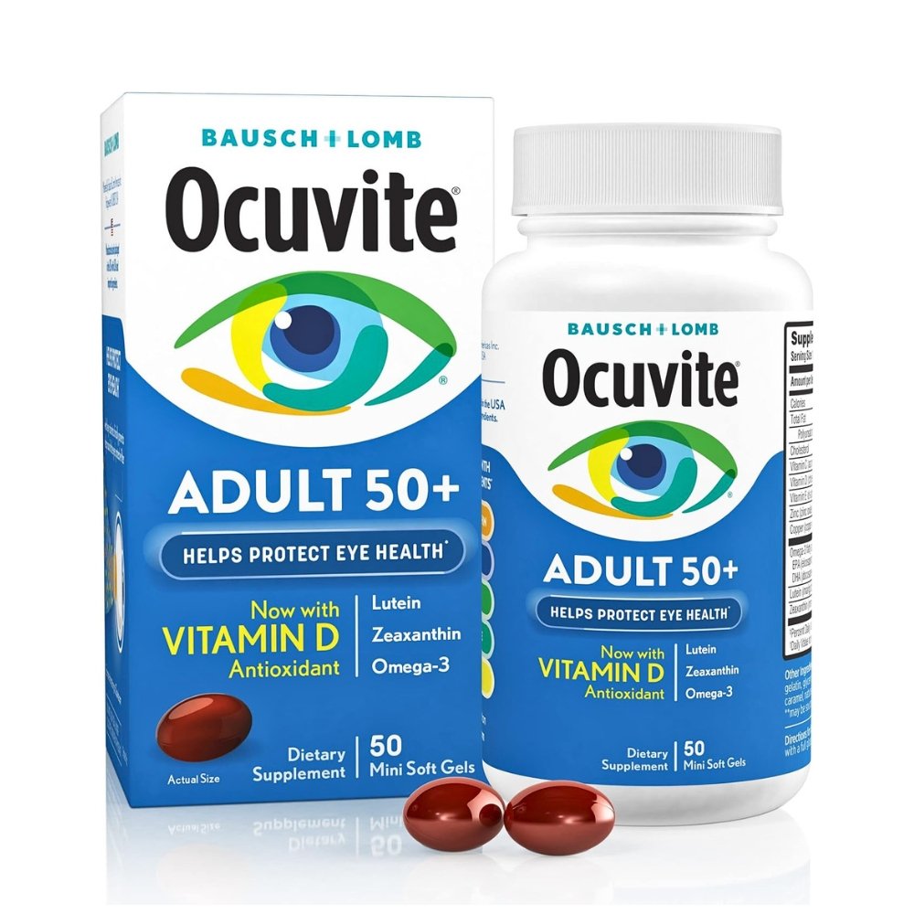 Bausch & Lomb Ocuvite 50+ Eye Vitamins & Mineral with Omega-3, Zinc & Lutein. Antioxidants For Eye Health, Improve Visual Function, 50 Softgels Exp: 01/2028