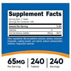 Alternative view of Nutricost Iron (Ferrous Sulfate), 65MG. Prevent Anaemia, ADHD support, Boost Immunity, Red Blood Cell Production, Reduce Tiredness-240 Tablets                                                           Exp: