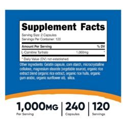 Alternative view of Nutricost L-Carnitine Tartrate 1000mg. For Energy Support, Endurance, Muscle Recovery, Weight loss, Fertility Support -240 capsules                               Exp: