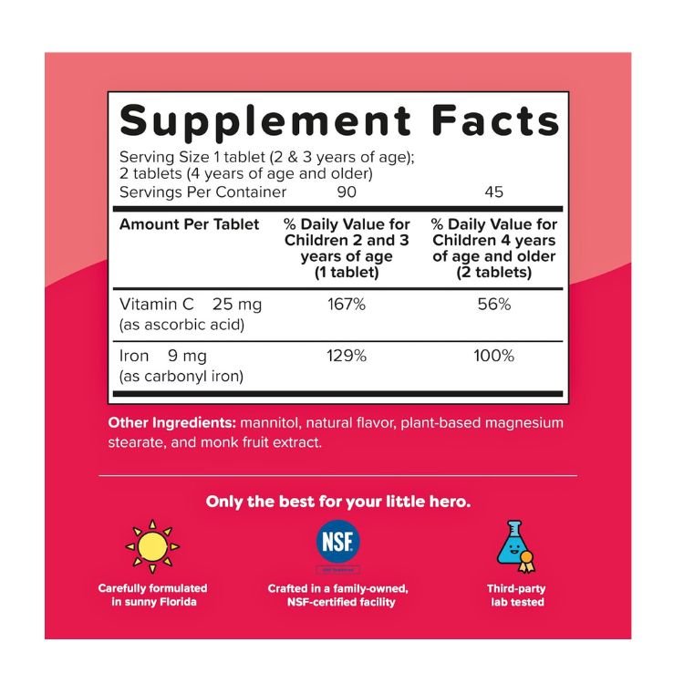 Renzo's Iron Supplement for Kids, 9mg with Vitamin C Orange Flavour- For Cellular Health, Growth and Development, Energy metabolism and Overall Health-90 Melty Tablets Exp: - Image 2