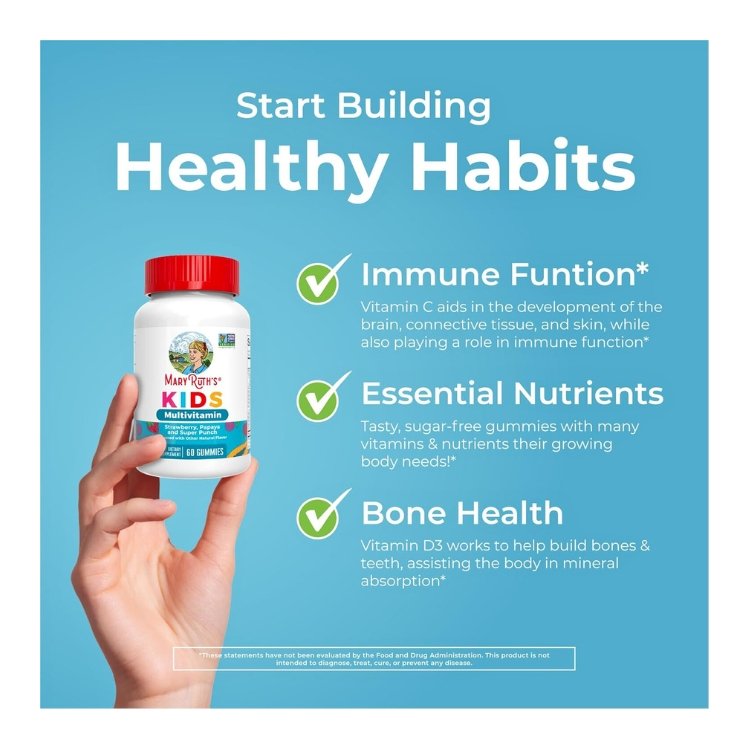 Mary Ruth Organic Kids Sugar Free Multivitamin for Children, Age 2+ Strawberry, Papaya and Super Punch Flavour. For Overall Health, Growth and Development Support-60 Gummies Exp: - Image 5