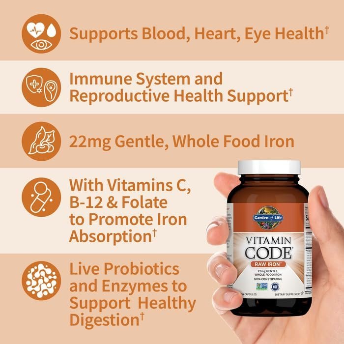 Garden of Life Vitamin Code Raw Iron supplement 22mg with vitamin C, B12, Folate, Probiotics,Veggies Blend For Anaemia & Energy support in Women-30 Capsules Exp: - Image 2