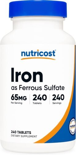 Nutricost Iron 65mg ( As Ferrous Sulfate)                                                                                        Dietary supplement for Red Blood Cell  Support, Energy Support-240 Tablets                                                           Exp: