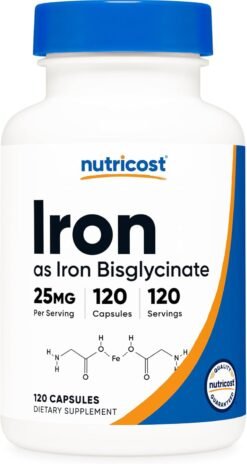 Nutricost Iron Bisglycinate 25mg                                                For Improved absorption, gentle on the stomach                                                 Support of Red Blood Cell support, Energy Support                                           Exp: