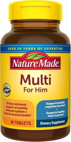 Nature Made Multivitamin For Him.       Men's Multivitamin Without Iron. Daily Nutritional Support for Energy, Health , Vtality. Suitable for Patients who do not require Iron 90 Tablets ( 3 Months Supply )