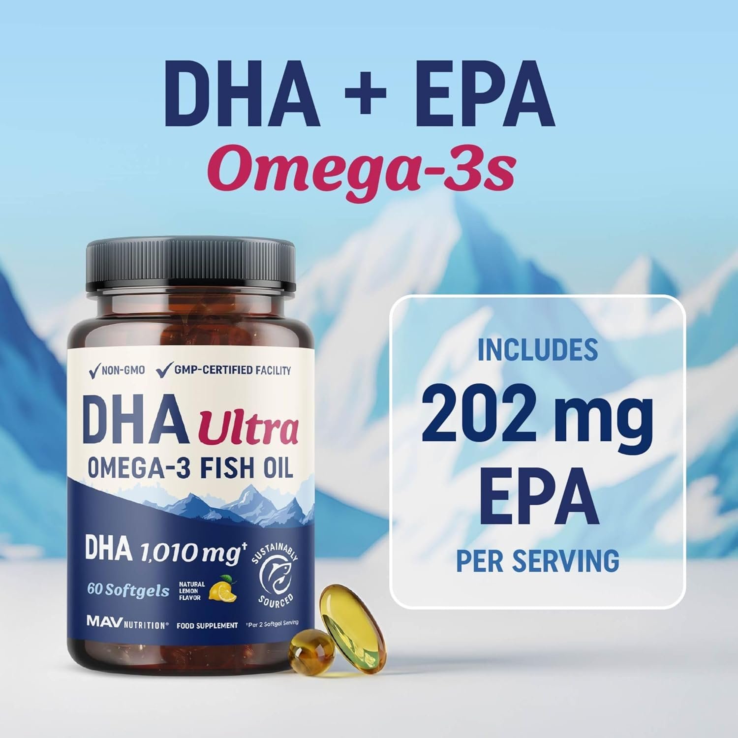 DHA Ultra Omega-3 Fish Oil 1000mg, High Strength DHA Supplement , 1414mg Total Omega 3 Brain and Cognitive Health support -60 Softgels Exp: - Image 3