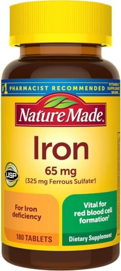 Nature's Made Iron 65mg Tablet ( 325mg Ferrous Sulfate)                                                            Dietary supplement for Red Blood Cell Support, Reduced Fatigue -180 Tablets                                                       Exp: