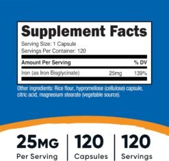 Alternative view of Nutricost Iron Bisglycinate 25mg                                                For Improved absorption, gentle on the stomach                                                 Support of Red Blood Cell support, Energy Support                                           Exp: