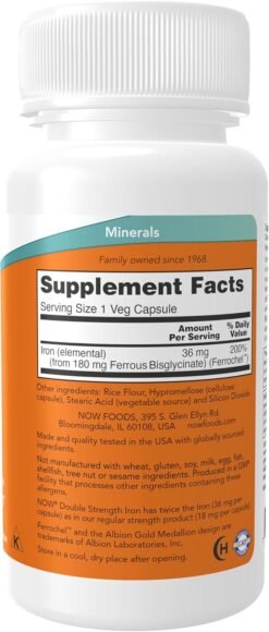 Alternative view of Now Foods Double Strength Iron 36mg Double Strength, Non-Constipating Essential Mineral For Anemia, Red Blood Cell Support.-90 Capsules                                                                     Exp: