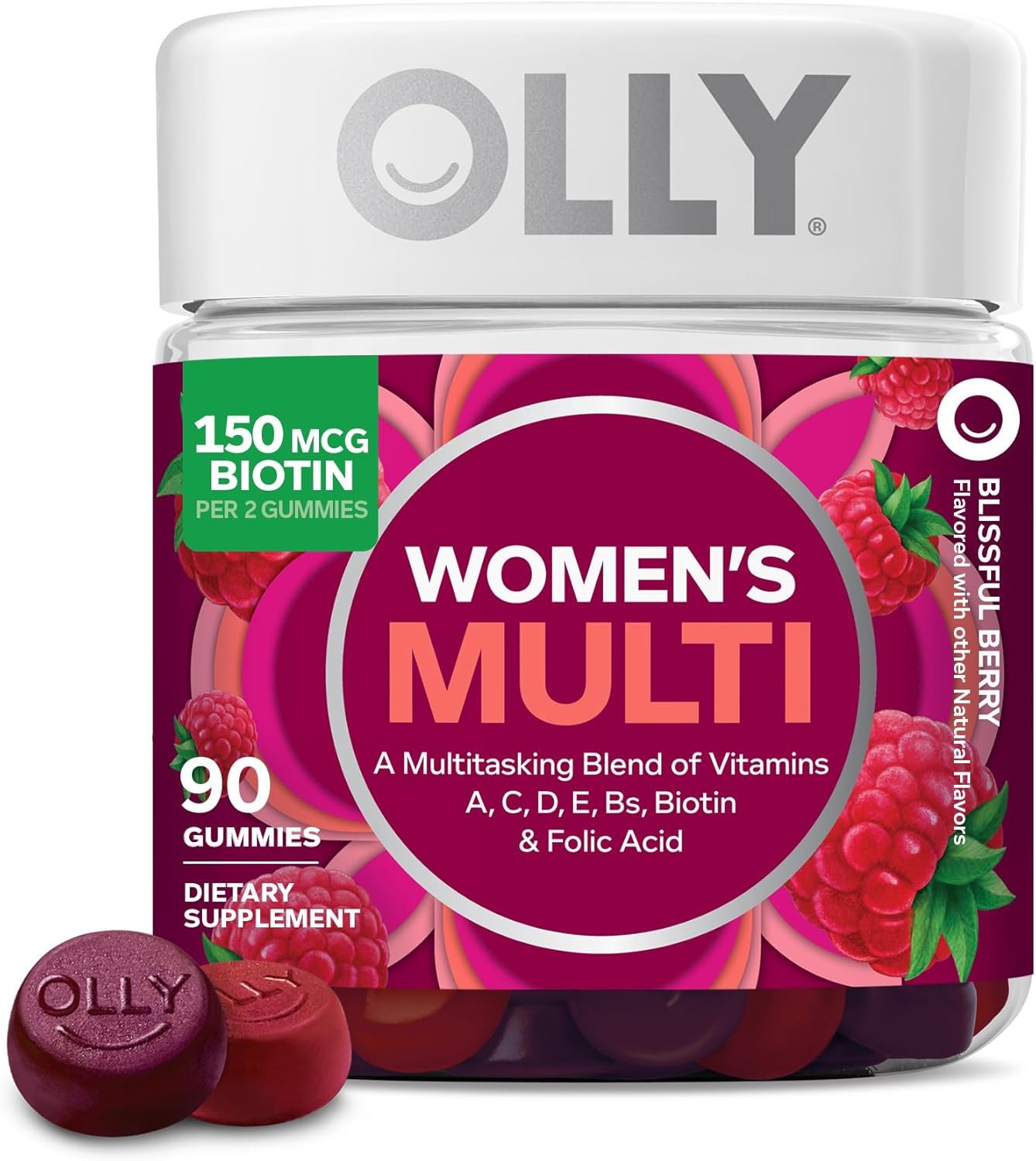 OLLY Women's Daily Multivitamin Gummies, with Vitamins A,D,C,E, Biotin, Folic acid Chewable vitamins, Berry Flavour/ - 90 Gummies ( 45 days supply) New and improved taste.