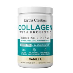 Earth's Creation Collagen with Probiotics, Nourish + Glow Hydrolyzed Collagen Peptide, 10g, Vanilla Flavour, Support for Supple Skin, Healthy Hair, Nails & Joints - 355g
