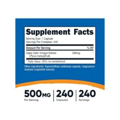Alternative view of Nutricost Apple Cider Vinegar, 500mg. Gut Health Support, Appetite Control, Blood Sugar Management -240 Capsules.Exp