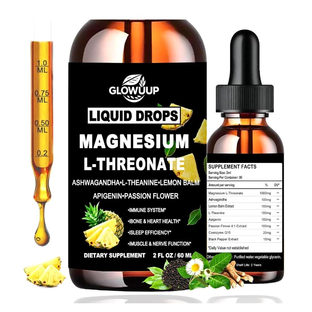 Glow High Absorption Magnesium L-Threonate With L-Theanine,Ashwaghanda & GABA, 1300mg. For Cognitive Support, Sleep, Relaxation & Stress Relief, Lemon Flavor, 60mls. Exp: 03/2028