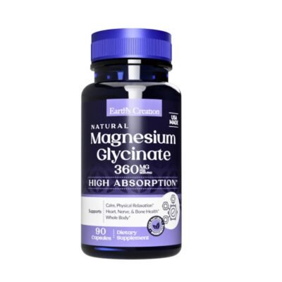 Earth's Creation High Absorption Magnesium Glycinate, 360MG. For  Muscle Support, Bone & Nerve Health, Blood Pressure, Relaxation, 90 Capsules   |1 Month Supply|   Exp: 05/28
