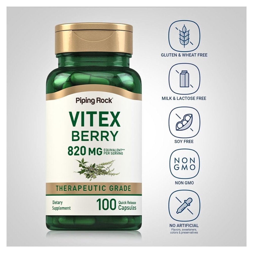 Piping Rock Vitex Chasteberry, 820MG. For Menopausal, PMS, Hormonal Support, 100 Capsules. Exp: 07/2028 - Image 2
