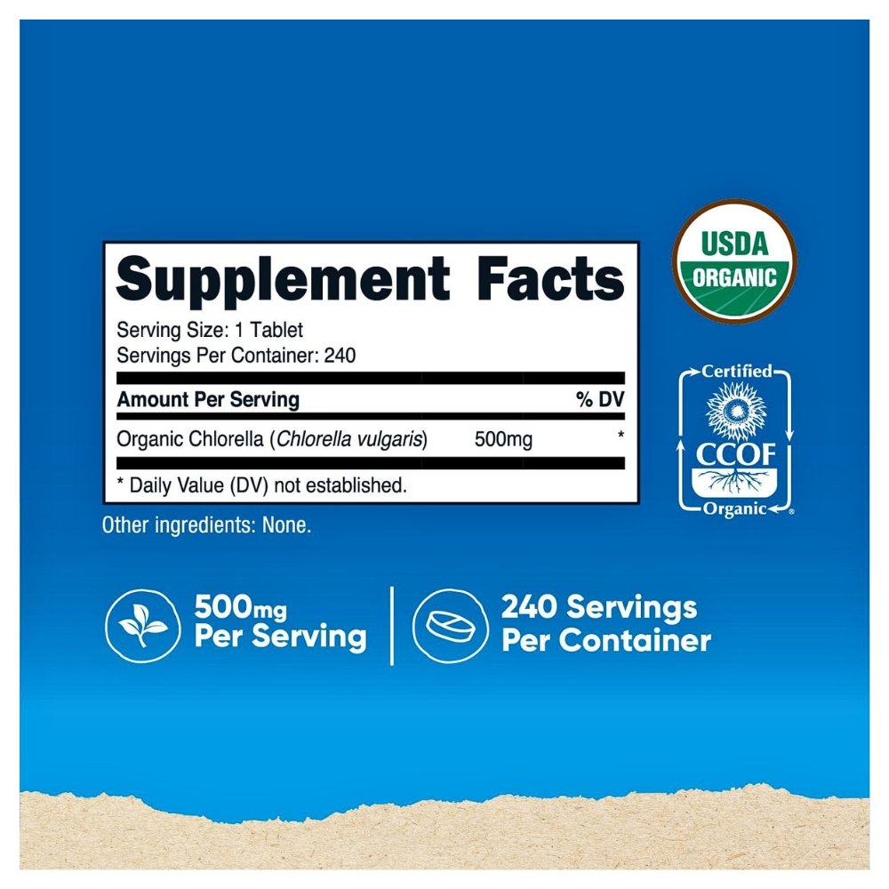 Nutricost Organic Chlorella, 500mg. For Detoxification, Antioxidant Support, Superfood, Nutrient Source, 240 Tablets Exp: 10/2028 - Image 2