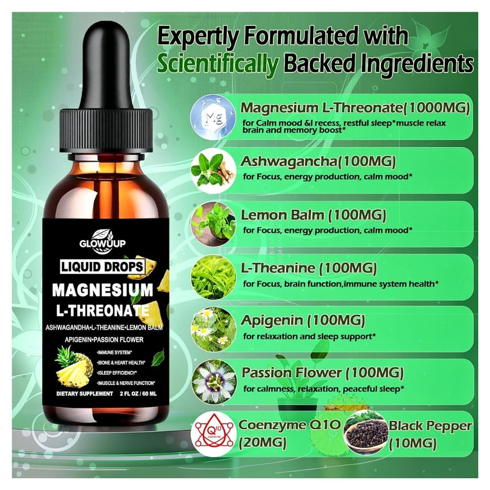 Glow High Absorption Magnesium L-Threonate With L-Theanine,Ashwaghanda & GABA, 1300mg. For Cognitive Support, Sleep, Relaxation & Stress Relief, Lemon Flavor, 60mls. Exp: 03/2028 - Image 2