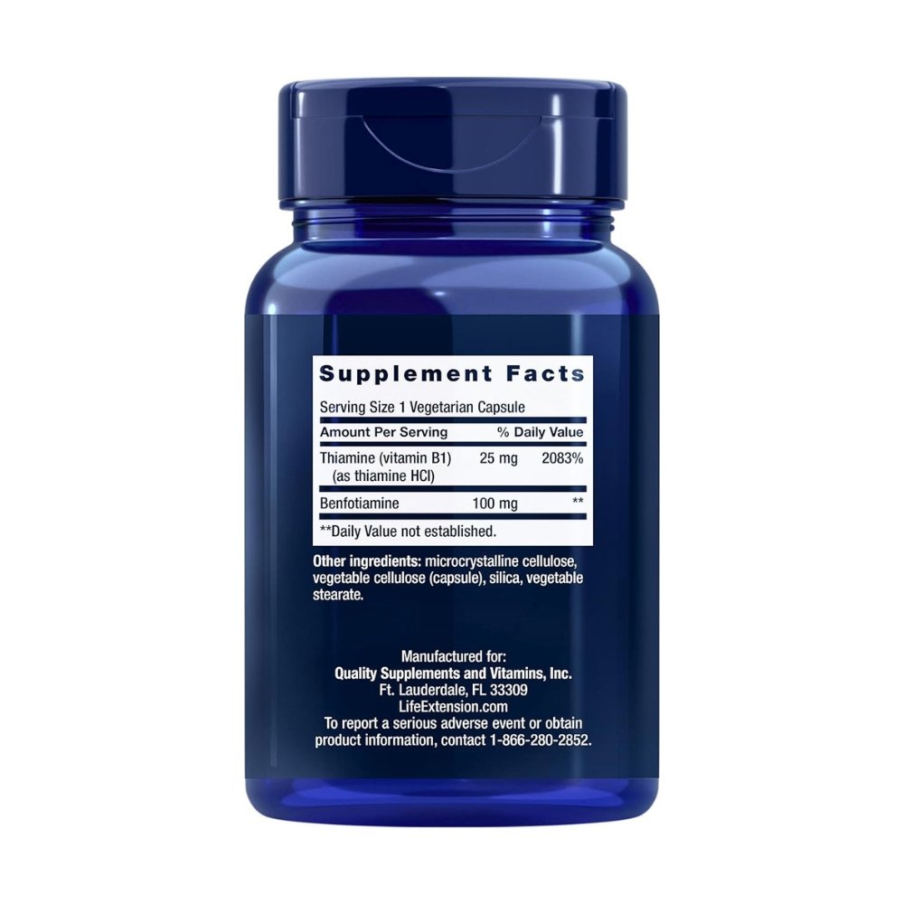 Life Extension Benfotiamine with Thiamine, 100MG|25MG, (Vitamin B1). For Healthy Blood Sugar Metabolism, Nerve Support, 120 Capsules. Exp: 09/2027 - Image 2