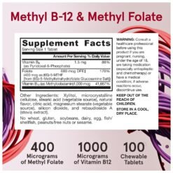 Alternative view of Jarrow Formulas Methyl B-12 & Methyl Folate, Bioactive Vitamin B9 & B12. Supports Cellular Energy Production, Genetic, Cardiovascular & Nervous System Health, 100 Chewable Tablets, |3+ Months Supply|                                                                 Exp:09/ 2028