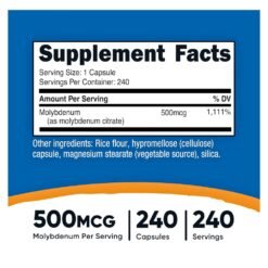 Alternative view of Nutricost Molybedenum Essential Trace Mineral, 500MCG. For Metabolic Balance, Detox Support,  240 Capsules.       Exp: 11/2028
