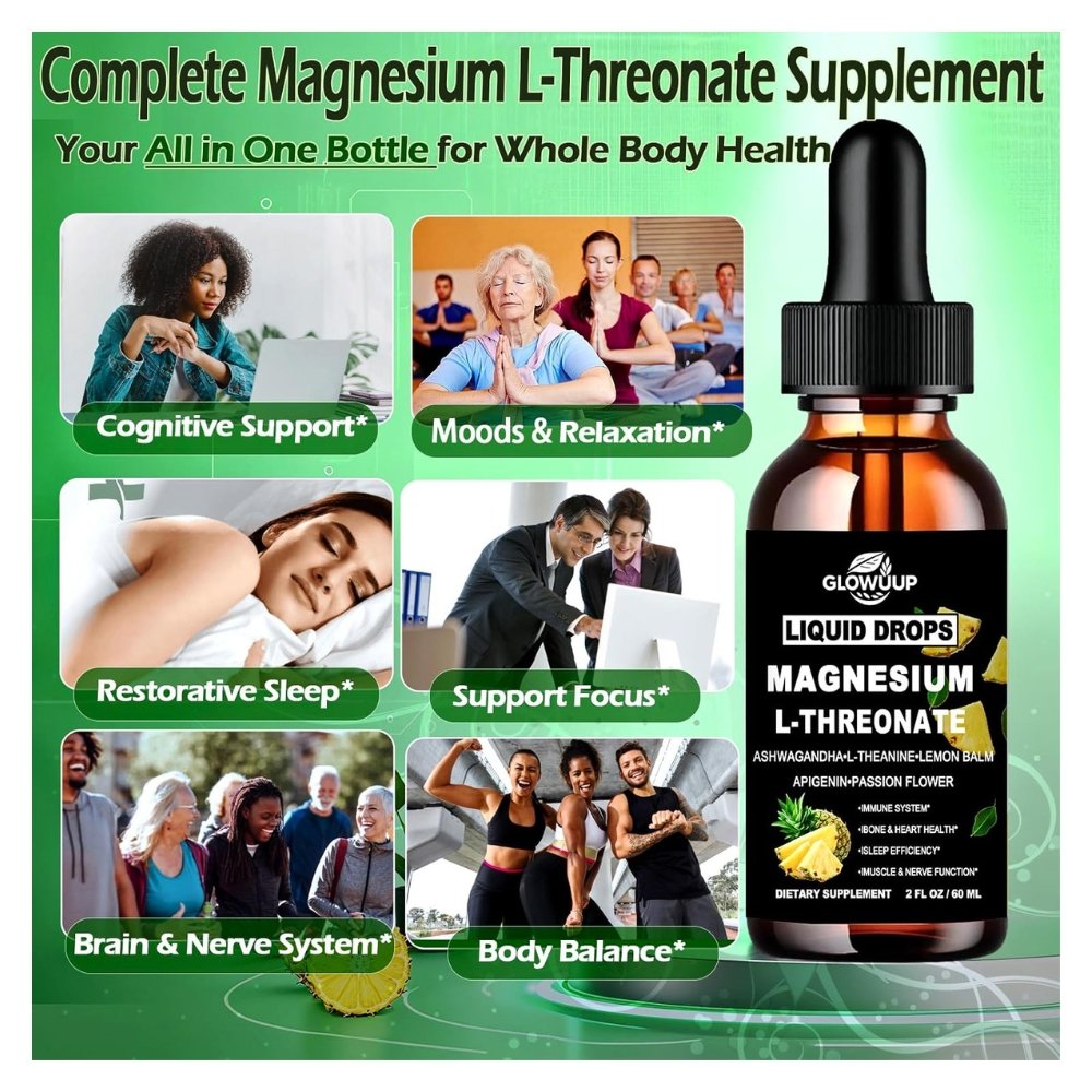 Glow High Absorption Magnesium L-Threonate With L-Theanine,Ashwaghanda & GABA, 1300mg. For Cognitive Support, Sleep, Relaxation & Stress Relief, Lemon Flavor, 60mls. Exp: 03/2028 - Image 3