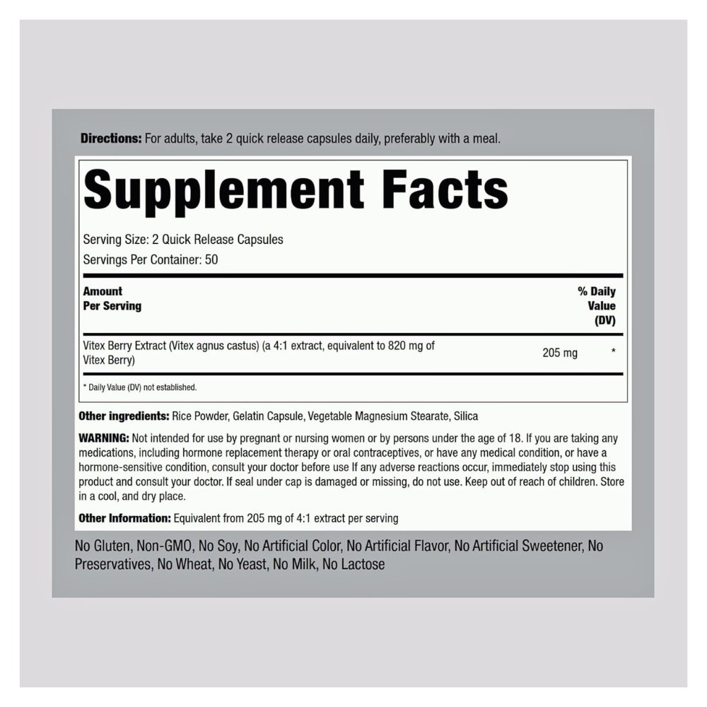 Piping Rock Vitex Chasteberry, 820MG. For Menopausal, PMS, Hormonal Support, 100 Capsules. Exp: 07/2028 - Image 3