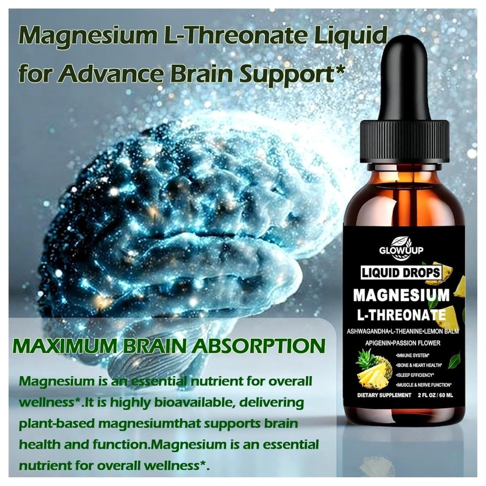 Glow High Absorption Magnesium L-Threonate With L-Theanine,Ashwaghanda & GABA, 1300mg. For Cognitive Support, Sleep, Relaxation & Stress Relief, Lemon Flavor, 60mls. Exp: 03/2028 - Image 4