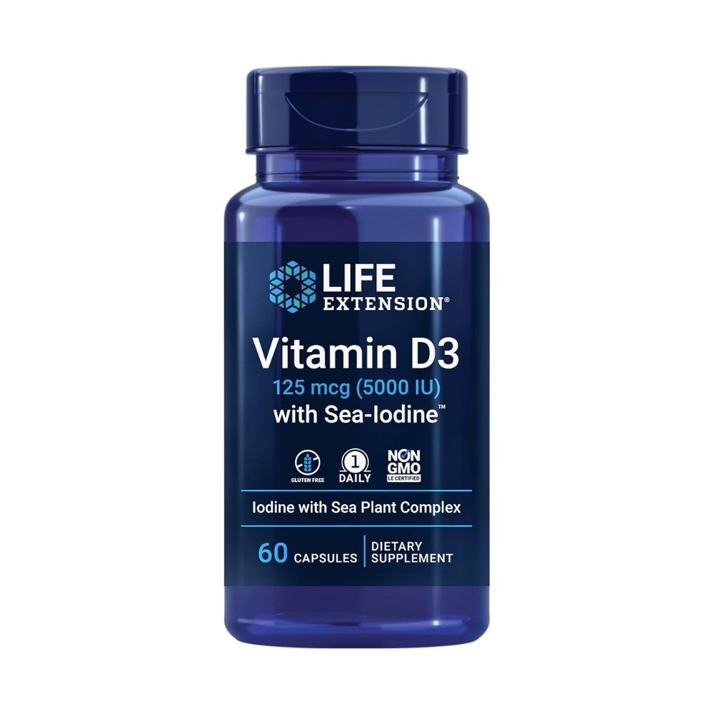 Life Extension Vitamin D3 With Sea-Iodine, 125 mcg. For Immune Support, Bone Health, Thyroid Health , 60 Capsules. Exp: 11/2027