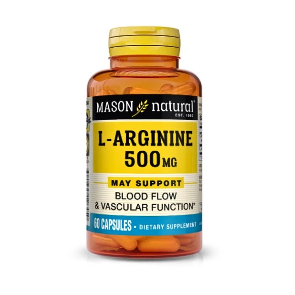 Mason Naturals L-Arginine 500mg. Nitric Oxide Precursor, To Support Vascular function, Reduce Blood Pressure, Protein Synthesis & Improve Overall Cardiovascular Health- 100 capsules Exp: 08/2028