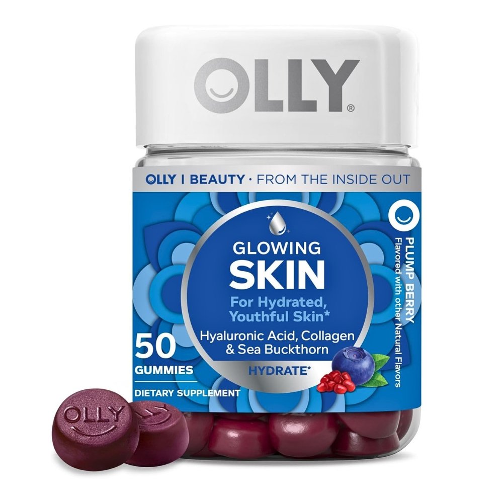 OLLY Glowing Skin With Hyaluronic Acid, Collagen Peptides, Sea Buckthorn, For Hydrated, Youthful, Glowing Skin, 50 Gummies, Plump Berry Flavor, Exp: 06/2027