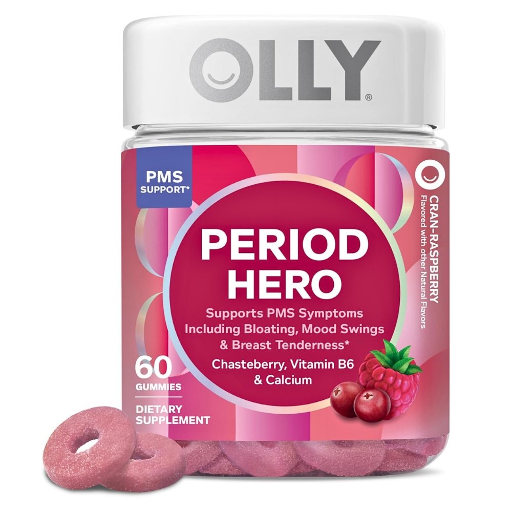 OLLY Period Hero Gummies, With Chasteberry, Vitamin B6, Calcium. PMS, Menstrual Pain Support, Cran-Raspberry Flavor, 60 Count Exp: 02/2027