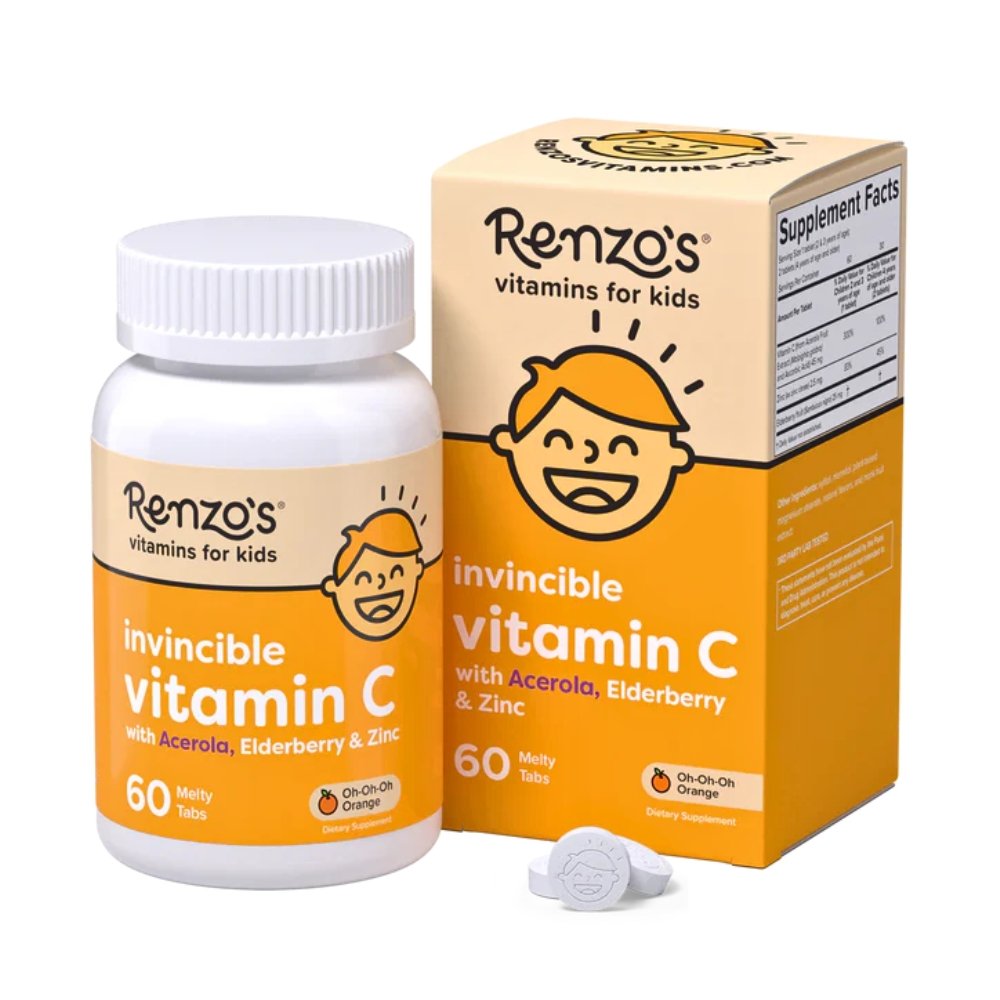 Renzo's Invincible Kids Vitamin C with Elderberry, Vitamin C & Zinc, For Immune Support, 60 Sugar-Free Melty Tabs, Orange Flavor Exp: 09/2027