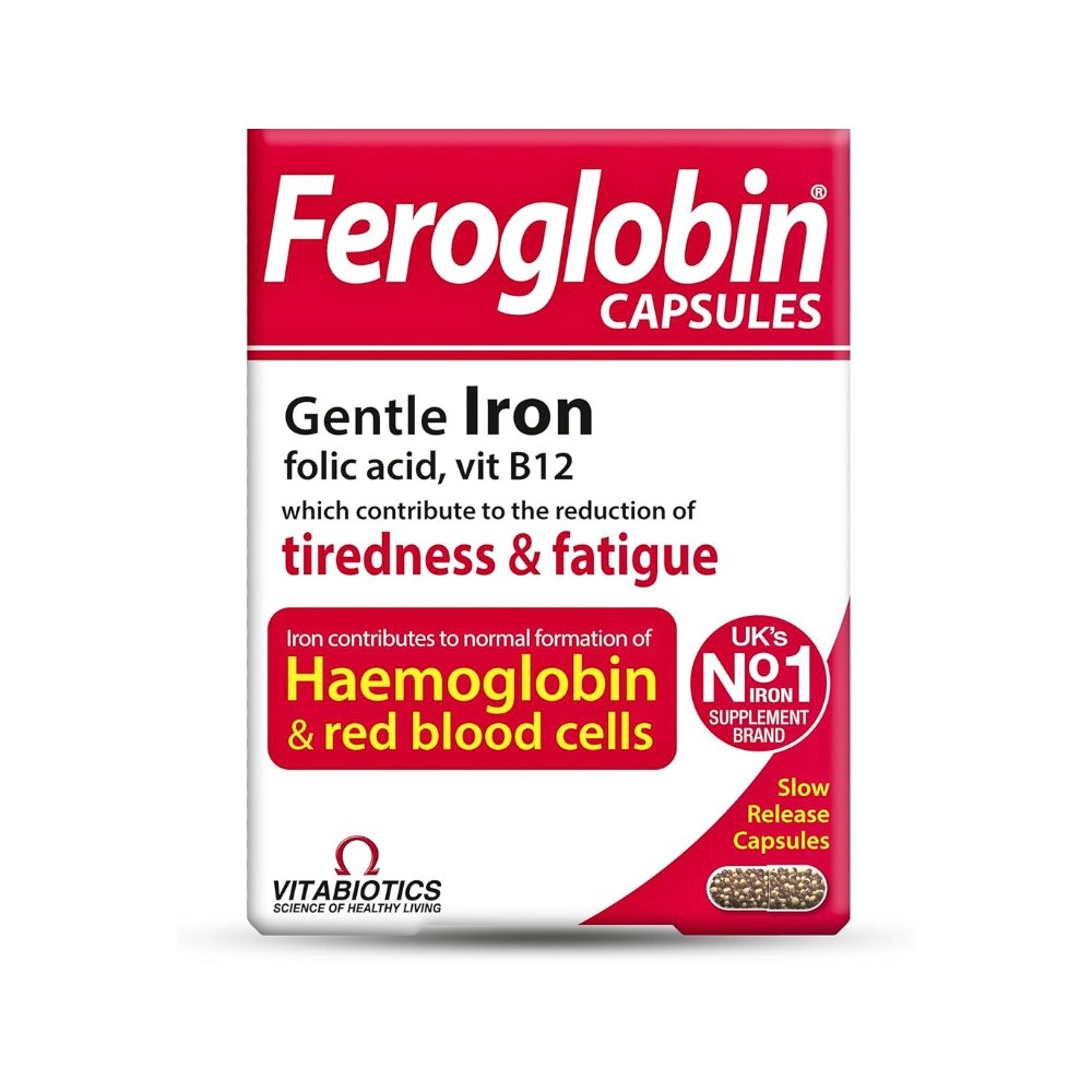 Feroglobin Gentle Iron, with Folic acid & Vitamin B12, Helps Reduce tiredness and fatigue. Supports normal formation of haemoglobin and red blood cells-30 Capsules Exp: