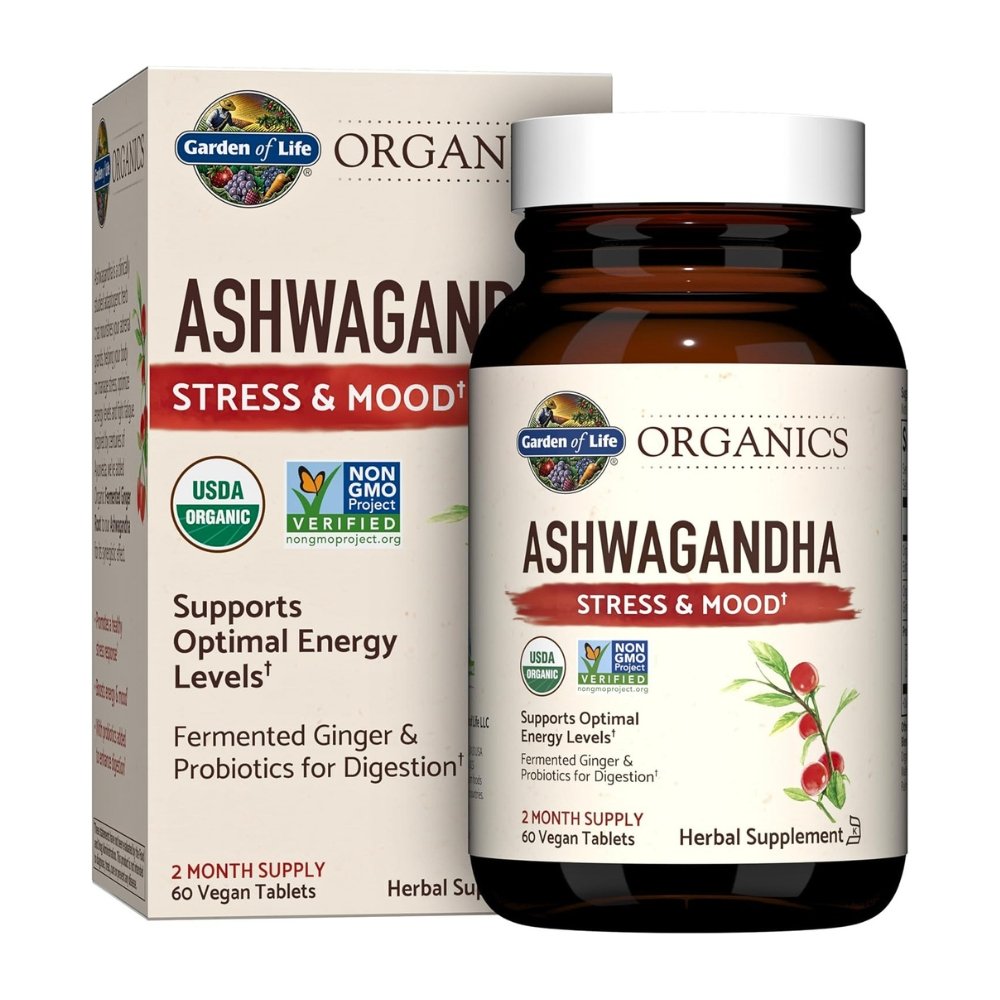 Garden of Life Organic Ashwagandha with Probiotics & Ginger. Adaptogen For Stress, Mood & Energy Support, 60 Tablets. Exp: 08/2027
