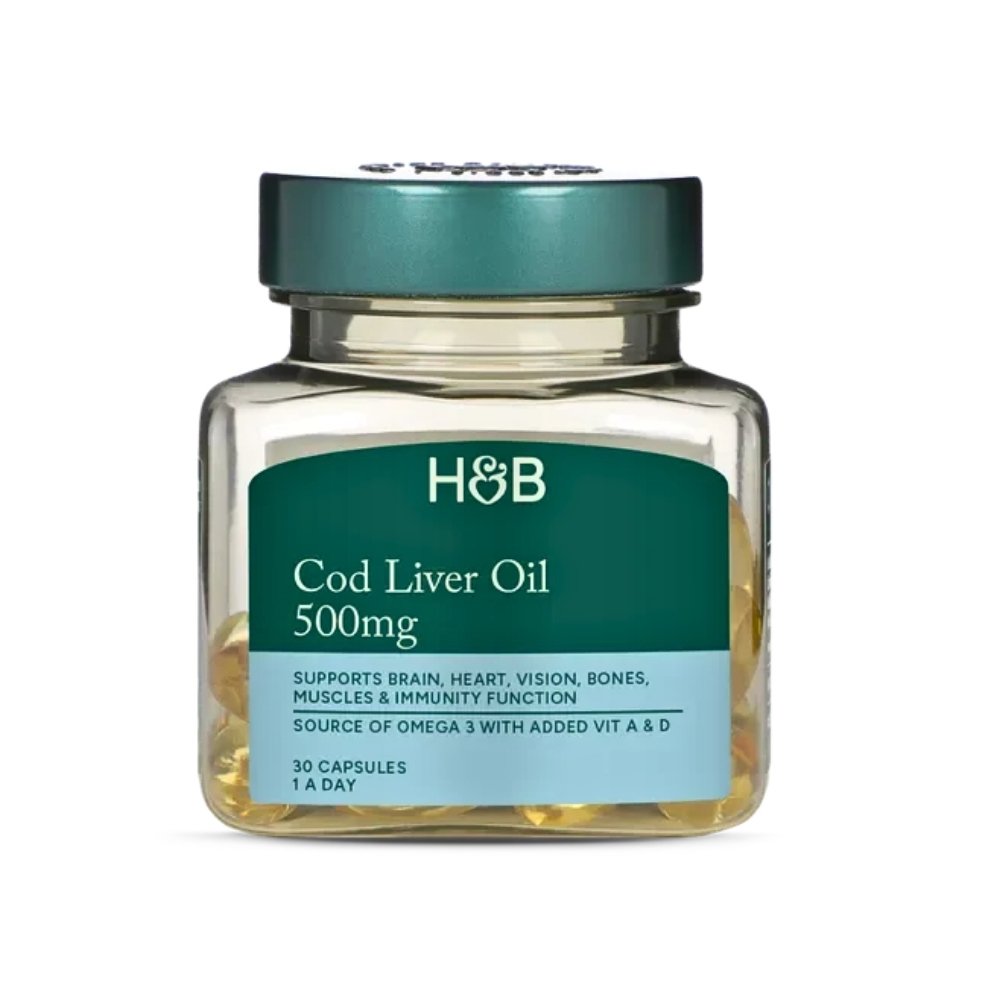 Holland & Barrets (H&B) Cod Liver Oil 500mg, with Omega-3, Vitamin A & D. For Brain, Heart and Immune Support- 30 Capsules Exp: