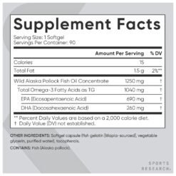 Alternative view of Sports Research Triple Strength Omega-3 Fish Oil From Wild Alaska Pollock, 1250MG (690MG EPA/ 260MG DHA).  Support For Heart, Brain, Eye & Optimal Wellness,  90 Softgels                                                        Exp: 12/2028