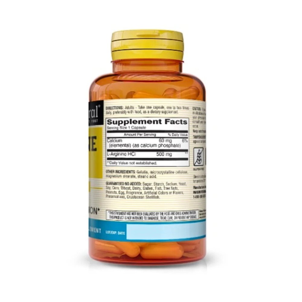 Mason Naturals L-Arginine 500mg. Nitric Oxide Precursor, To Support Vascular function, Reduce Blood Pressure, Protein Synthesis & Improve Overall Cardiovascular Health- 100 capsules Exp: 08/2028 - Image 2