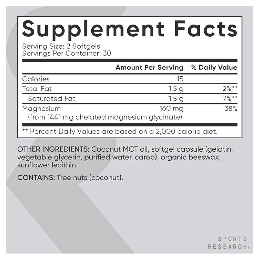 Sports Research Magnesium Glycinate, 160MG. For Blood Pressure Control, Restful Sleep, Bone Health, 60 Softgels. Exp: 01/2029 - Image 2