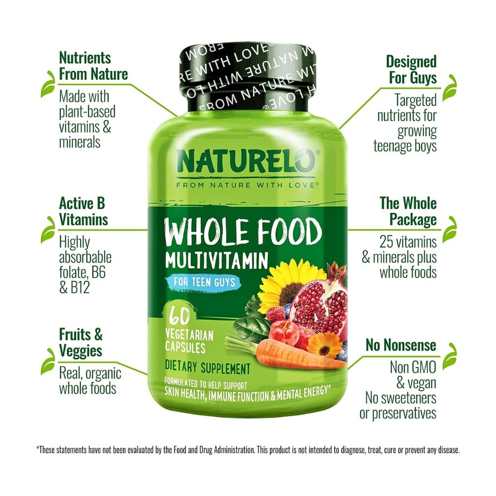 Naturelo Teen Boys Multivitamin From Organic Whole Food With Activated Methylfolate, MethylB12. To Boost Immunity, Energy & Skin Health -60 Capsules Exp: 01/2028 - Image 2