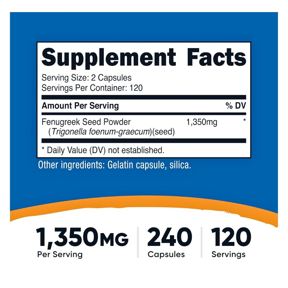 Nutricost Fenugreek Seed, 1350mg. For Hormonal, Lactation, Weight loss Support. 240 Capsules Exp: 12/2028 - Image 2