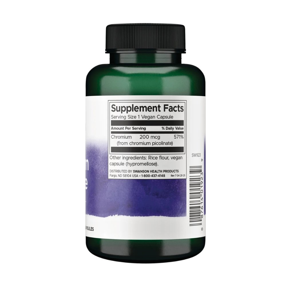 Swanson Chromium Picolinate, 200mcg. Insulin Co-Factor, For Blood Sugar Support, Cardiovasular Health. 100 Capsules |3+ Months Supply| Exp: 01/2029 - Image 2