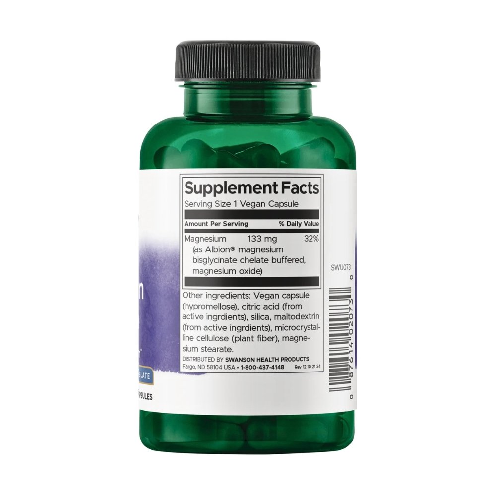 Swanson Magnesium Glycinate, 133MG. For Blood Pressure Control, Improved Sleep, Bone Health, 90 Capsules Exp: 01/2029 - Image 2