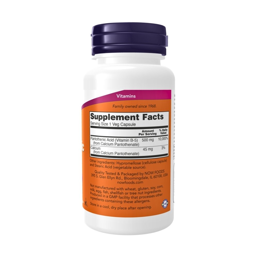 NOW Foods Pantothenic Acid (Vitamin B-5) 500 mg, B-Complex Vitamin. For Energy, Skin & Hair Health Exp: 01/2029 - Image 2