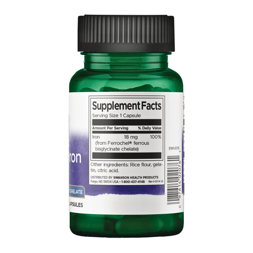 Swanson Ferrochel Iron, Ferrous Bisglycinate, 18MG. Gentle Iron, Non-Constipating For Anemia, Red Blood Cell Formation, Energy Support.- 180 Capsules Exp: 12/2028 - Image 2