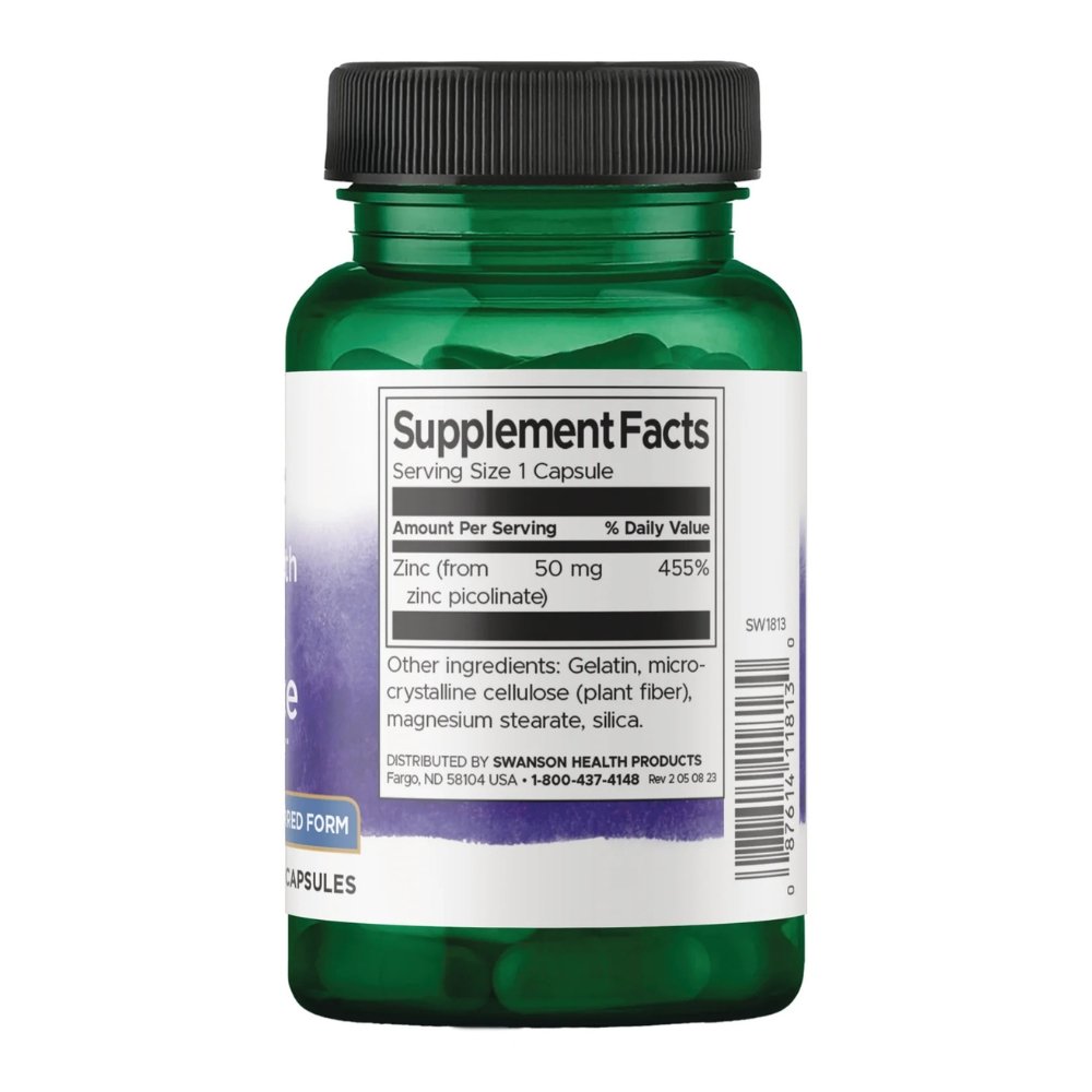 Swanson Vitamins Extra Strength Zinc Picolinate, 50 mg. For Immune Support, Acne, Skin & Hormonal Health, 60 Capsules. Exp: 01/2029 - Image 2