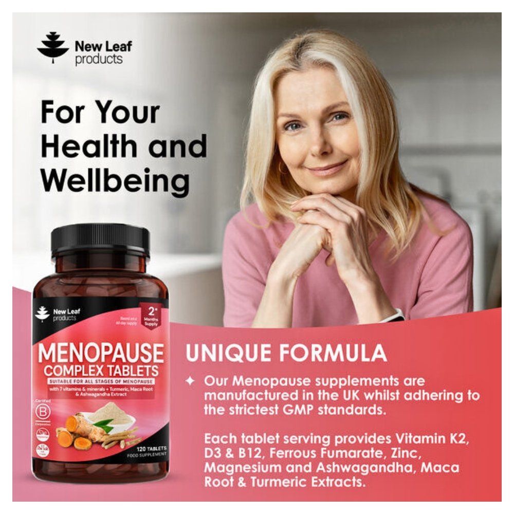 New Leaf Product Menopause Complex. For Hormonal Balance, Energy & Bone Support ( Ashwangandha, Maca & Turmeric Blend)-120 Tablets - Image 2