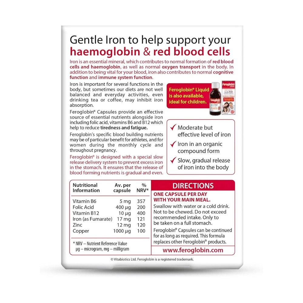 Feroglobin Gentle Iron, with Folic acid & Vitamin B12, Helps Reduce tiredness and fatigue. Supports normal formation of haemoglobin and red blood cells-30 Capsules Exp: - Image 2