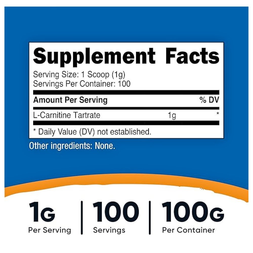 Nutricost L-Carnitine Tartrate Powder, 1000MG . For Antioxidant, Immune, Collagen Support, 100G. Exp: 12/2028 - Image 2