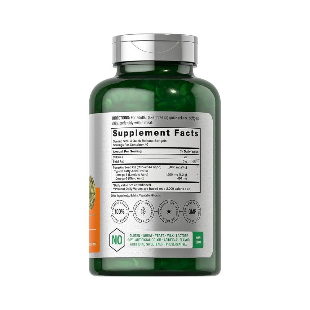 Horbäach Pumpkin Seed Oil 3000mg, Cold Pressed Essential Fatty Acids with Omega 6&9. Hair, Heart & Urinary Health Formula 120 Softgels Exp: 06/2028 - Image 2