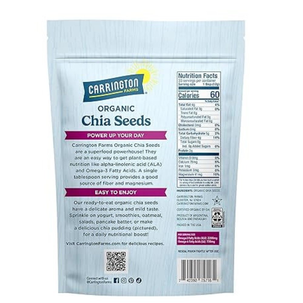 Carrington Farms Organic Chia Seeds, Gluten Free, USDA Organic, With Omega-3, Fibre, Antioxidants. Plant-Based Wellness Support, 360G Exp: 10/2027 - Image 2